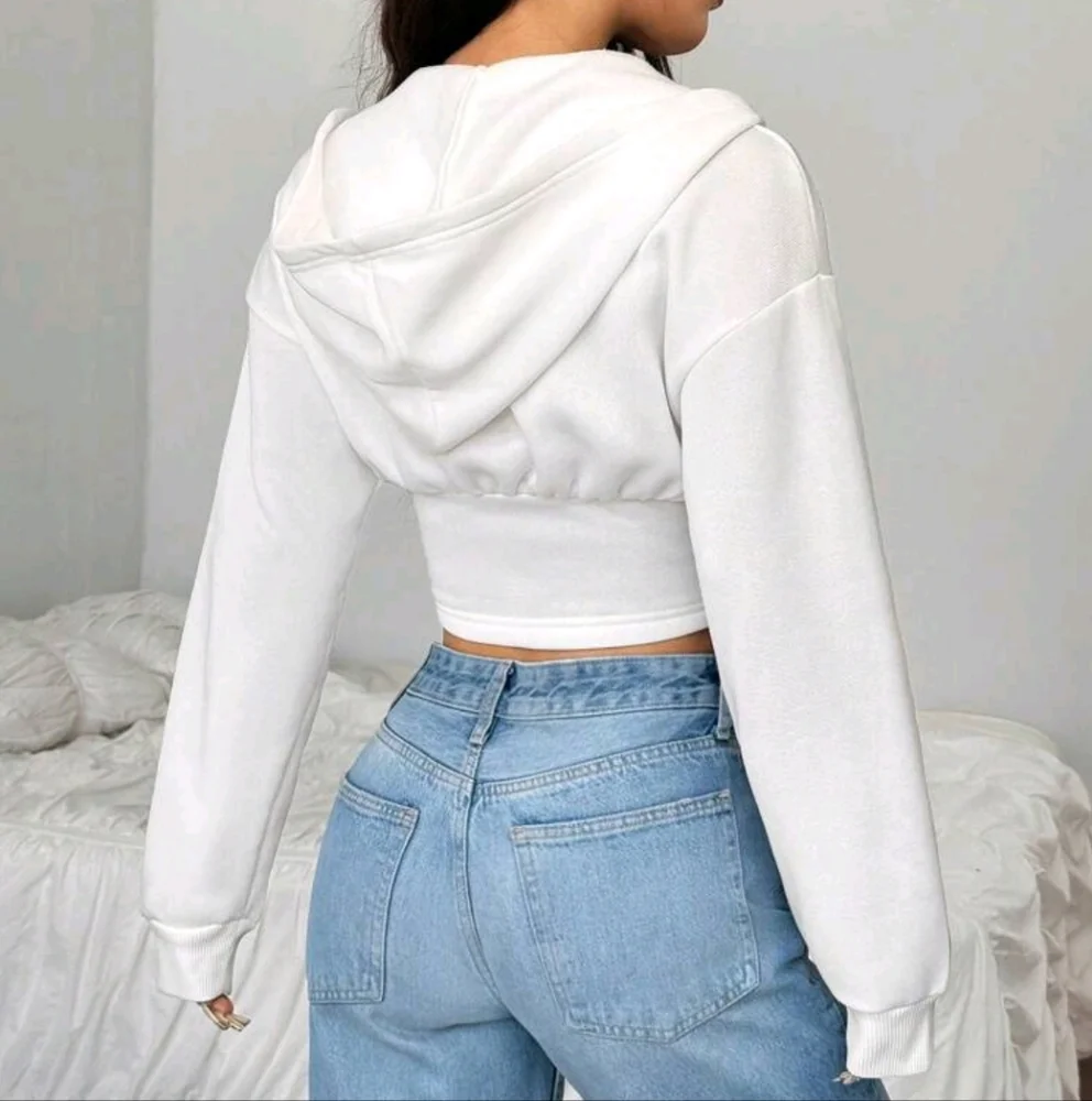 Zip-Up Plain Color Asymmetric Hem Short Hooded Sweatshirt - Picture 4 of 4